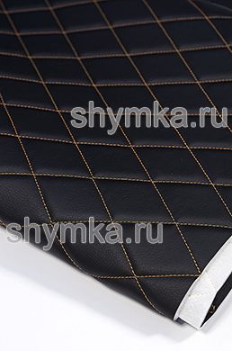 Eco leather Oregon on foam rubber 5mm and spunbond BLACK quilted with ORANGE №353 thread RHOMBUS 45x45mm width 1,4m