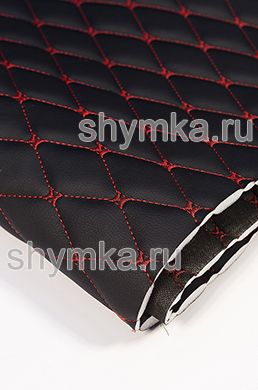 Eco leather Oregon on foam rubber 10mm and black spunbond 60g/sq.m BLACK quilted with RED №1113 thread RHOMBUS DECORATIVE 45x45mm width 1,38m