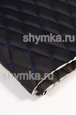Eco leather Oregon on foam rubber 10mm and black spunbond 60g/sq.m BLACK quilted with DARK-BLUE №1319 thread RHOMBUS DECORATIVE 45x45mm width 1,38m