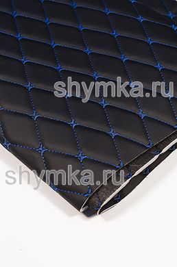 Eco leather Oregon on foam rubber 5mm and black spunbond 60g/sq.m BLACK quilted with BLUE №1291 thread RHOMBUS DECORATIVE 45x45mm width 1,38m