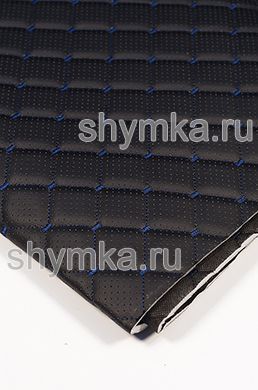 Eco leather Oregon WITH PERFORATION on foam rubber 5mm and black spunbond 60g/sq.m BLACK quilted with DARK-BLUE №1319 thread SQUARE NEO 35x35mm width 1,35m