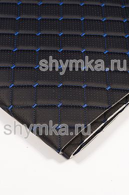 Eco leather Oregon WITH PERFORATION on foam rubber 5mm and black spunbond 60g/sq.m BLACK quilted with BLUE №1291 thread SQUARE NEO 35x35mm width 1,35m