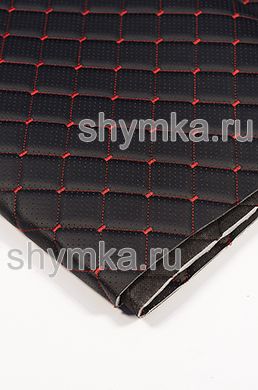 Eco leather Oregon WITH PERFORATION on foam rubber 5mm and black spunbond 60g/sq.m BLACK quilted with RED №1113 thread SQUARE NEO 35x35mm width 1,35m