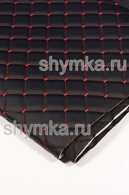 Eco leather Oregon on foam rubber 5mm and black spunbond 60g/sq.m BLACK quilted with RED №1113 thread SQUARE NEO 35x35mm width 1,35m