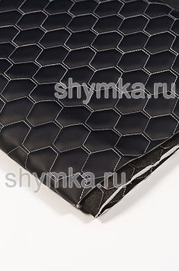 Eco leather Oregon on foam rubber 5mm and black spunbond 60g/sq.m BLACK quilted with WHITE thread HONEYCOMB NEW width 1,4m