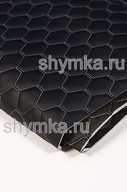 Eco leather Oregon on foam rubber 5mm and black spunbond 60g/sq.m BLACK quilted with LIGHT-GREY №1340 thread HONEYCOMB NEW width 1,4m