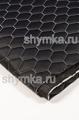 Eco leather Oregon on foam rubber 5mm and black spunbond 60g/sq.m BLACK quilted with WHITE thread HONEYCOMB width 1,4m