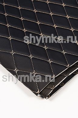 Eco leather Oregon on foam rubber 5mm and black spunbond 60g/sq.m BLACK quilted with DARK-BEIGE №1464 thread RHOMBUS DECORATIVE 45x45mm width 1,38m