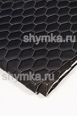 Eco leather Oregon on foam rubber 5mm and black spunbond 60g/sq.m BLACK quilted with BEIGE №1358 thread HONEYCOMB NEW width 1,4m