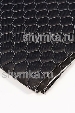 Eco leather Oregon WITH PERFORATION on foam rubber 5mm and black spunbond 60g/sq.m BLACK quilted with WHITE thread HONEYCOMB NEW width 1,4m