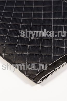 Eco leather Oregon WITH PERFORATION on foam rubber 5mm and black spunbond 60g/sq.m BLACK quilted with LIGHT-GREY №301 thread SQUARE 35x35mm width 1,4m