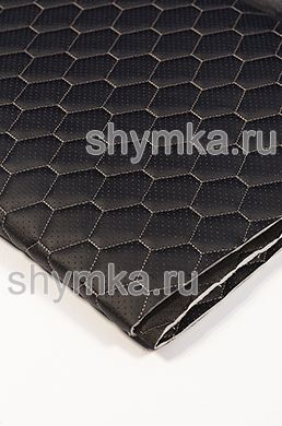 Eco leather Oregon WITH PERFORATION on foam rubber 5mm and black spunbond 60g/sq.m BLACK quilted with BEIGE №343 thread HONEYCOMB width 1,4m
