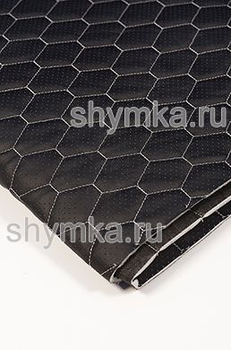 Eco leather Oregon WITH PERFORATION on foam rubber 5mm and black spunbond 60g/sq.m BLACK quilted with LIGHT-GREY №301 thread HONEYCOMB width 1,4m