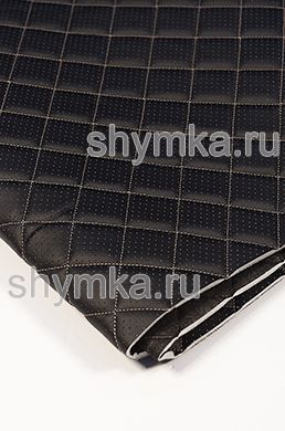 Eco leather Oregon WITH PERFORATION on foam rubber 5mm and black spunbond 60g/sq.m BLACK quilted with BEIGE №343 thread SQUARE 35x35mm width 1,4m