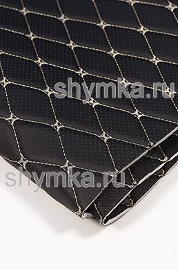 Eco leather Oregon WITH PERFORATION on foam rubber 5mm and black spunbond 60g/sq.m BLACK quilted with BEIGE №1358 thread RHOMBUS DECORATIVE 45x45mm width 1,38m