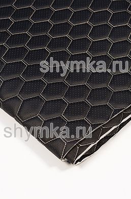Eco leather Oregon WITH PERFORATION on foam rubber 5mm and black spunbond 60g/sq.m BLACK quilted with BEIGE №1358 thread HONEYCOMB NEW width 1,4m