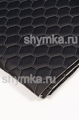 Eco leather Oregon WITH PERFORATION on foam rubber 5mm and black spunbond 60g/sq.m BLACK quilted with LIGHT-GREY №1340 thread HONEYCOMB NEW width 1,4m