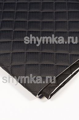 Eco leather Oregon WITH PERFORATION on foam rubber 5mm and black spunbond 60g/sq.m BLACK quilted with DARK-GREY №300 thread SQUARE 35x35mm width 1,4m