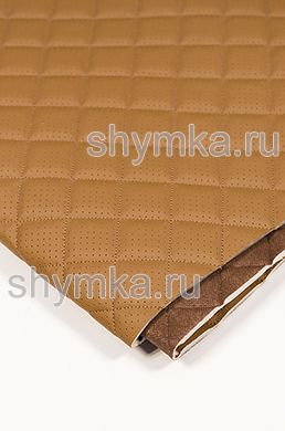 Eco leather Oregon WITH PERFORATION on foam rubber 5mm and brown spunbond 60g/sq.m BROWN quilted with DARK-BEIGE №312 thread SQUARE 35x35mm width 1,4m