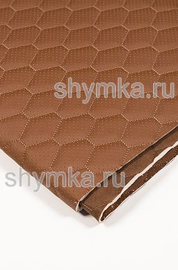Eco leather Oregon WITH PERFORATION on foam rubber 5mm and brown spunbond 60g/sq.m DARK-BROWN quilted with DARK-BEIGE №312 thread HONEYCOMB width 1,4m