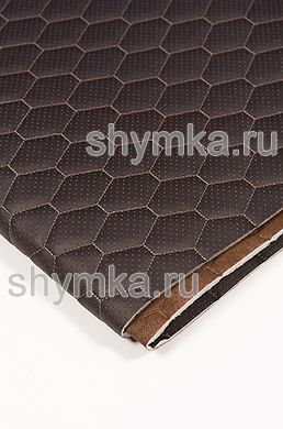 Eco leather Oregon WITH PERFORATION on foam rubber 5mm and brown spunbond 60g/sq.m CHOCOLATE quilted with DARK-BEIGE №312 thread HONEYCOMB width 1,4m