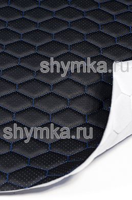 Eco leather Oregon WITH PERFORATION on foam rubber 5mm and spunbond BLACK quilted with BLUE №324 thread HONEYCOMB width 1,4m