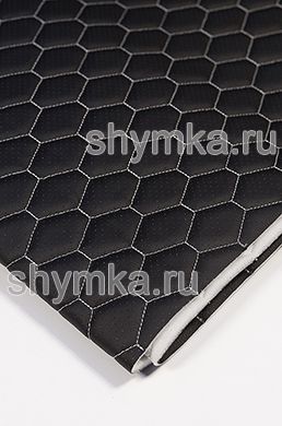 Eco leather Oregon WITH PERFORATION on foam rubber 5mm and spunbond BLACK quilted with WHITE thread HONEYCOMB width 1,4m