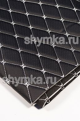 Eco leather Oregon WITH PERFORATION on foam rubber 5mm and black spunbond 60g/sq.m BLACK quilted with WHITE thread RHOMBUS DECORATIVE 45x45mm width 1,38m