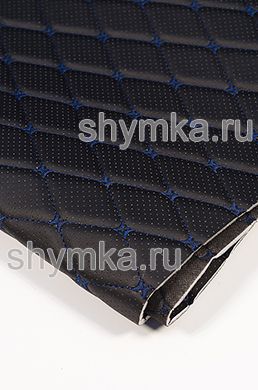 Eco leather Oregon WITH PERFORATION on foam rubber 5mm and black spunbond 60g/sq.m BLACK quilted with DARK-BLUE №1319 thread RHOMBUS DECORATIVE 45x45mm width 1,38m