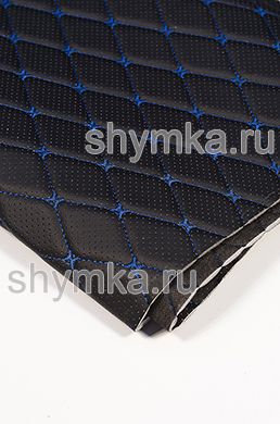 Eco leather Oregon WITH PERFORATION on foam rubber 5mm and black spunbond 60g/sq.m BLACK quilted with BLUE №1291 thread RHOMBUS DECORATIVE 45x45mm width 1,38m